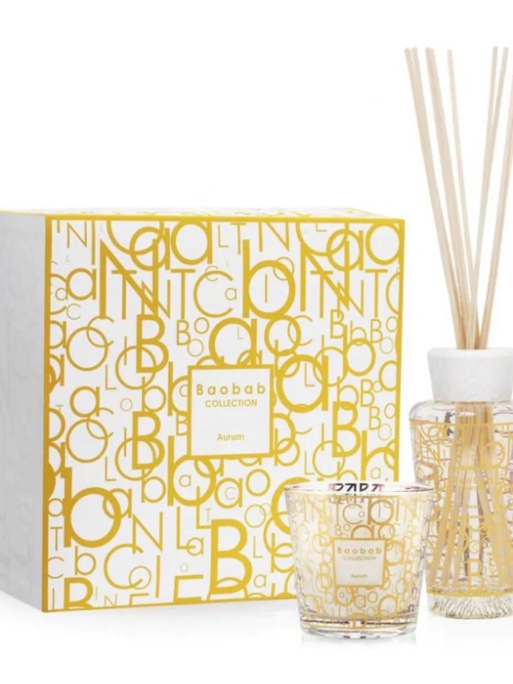 Baobab Collection Gold on White Aurum Decorative Box candle and reed diffuser